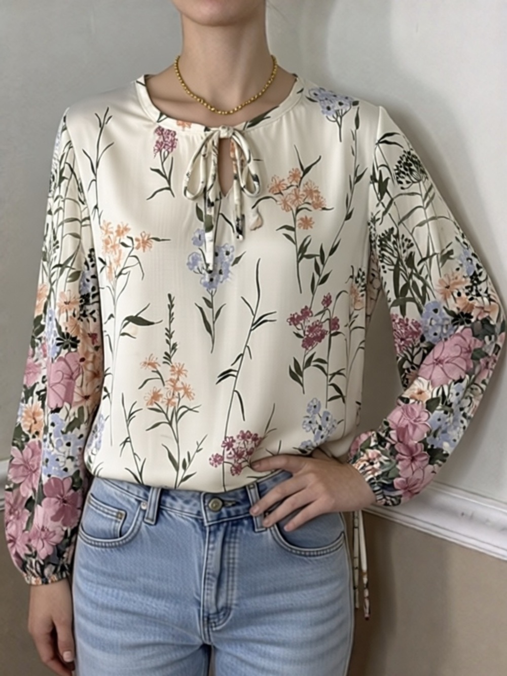 💜 5 for $20! Aladdin Ivory Floral Tie-Neck Long Sleeve Blouse - medium